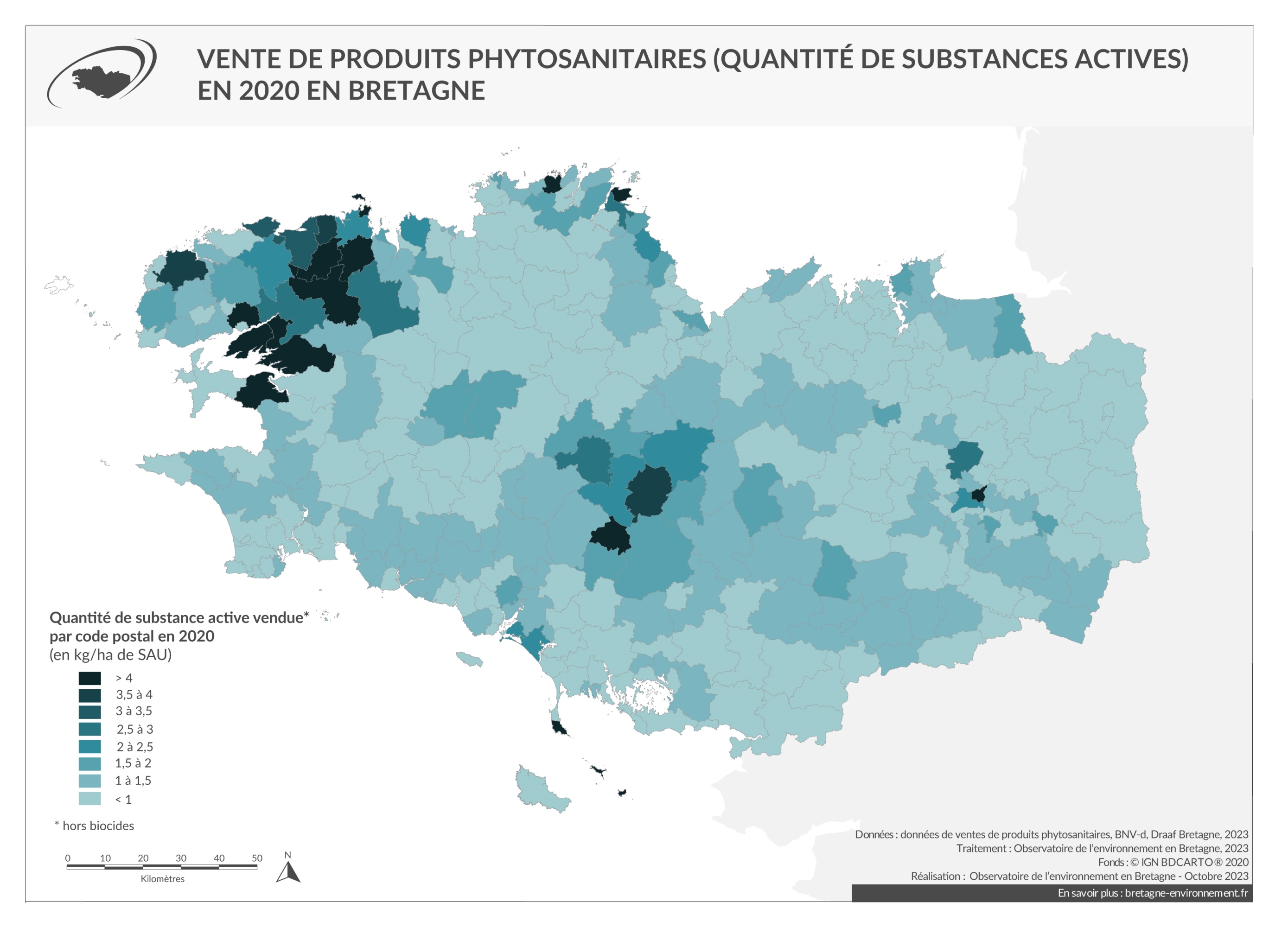 Vente de produits phytosanitaires (quantité de substances actives) en 2020 en Bretagne