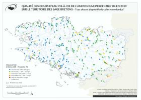 Qualité des cours d'eau bretons vis-à-vis de l'ammonium (Q90) en 2019