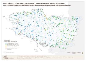Qualité des cours d'eau bretons vis-à-vis de l'ammonium (Q90) en 2021
