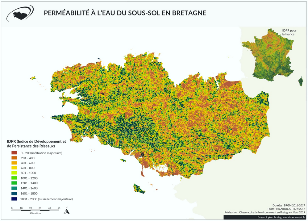 Carte : Perméabilité à l'eau du sous-sol en Bretagne 