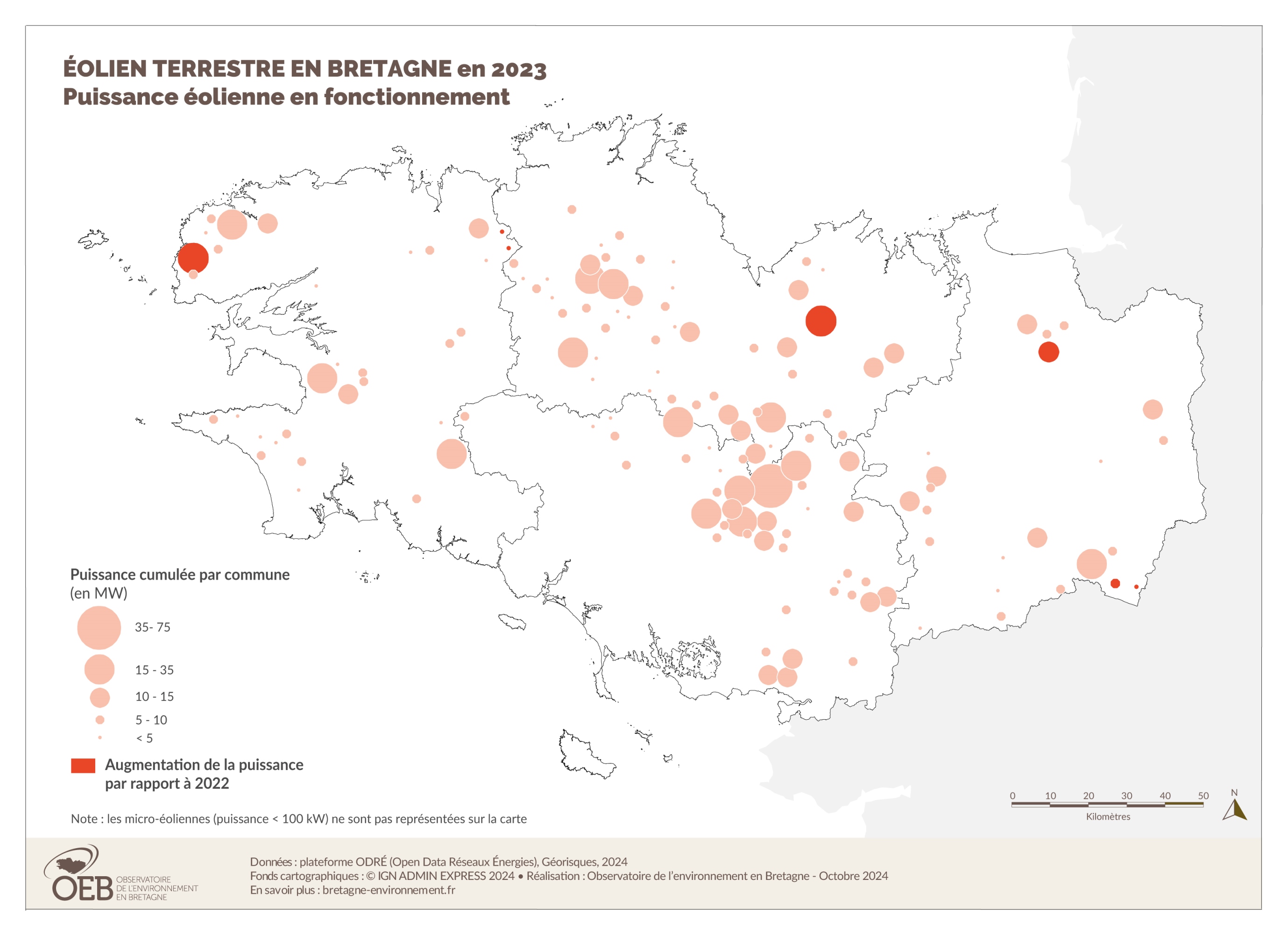 Carte des puissances par commune pour l'éolien terrestre