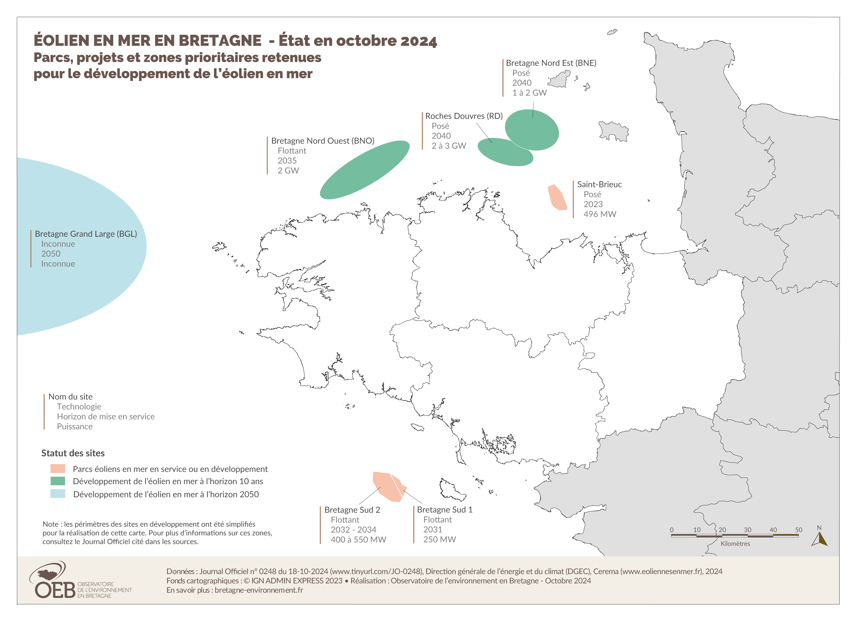 Carte projets et zones éolien en mer en Bretagne