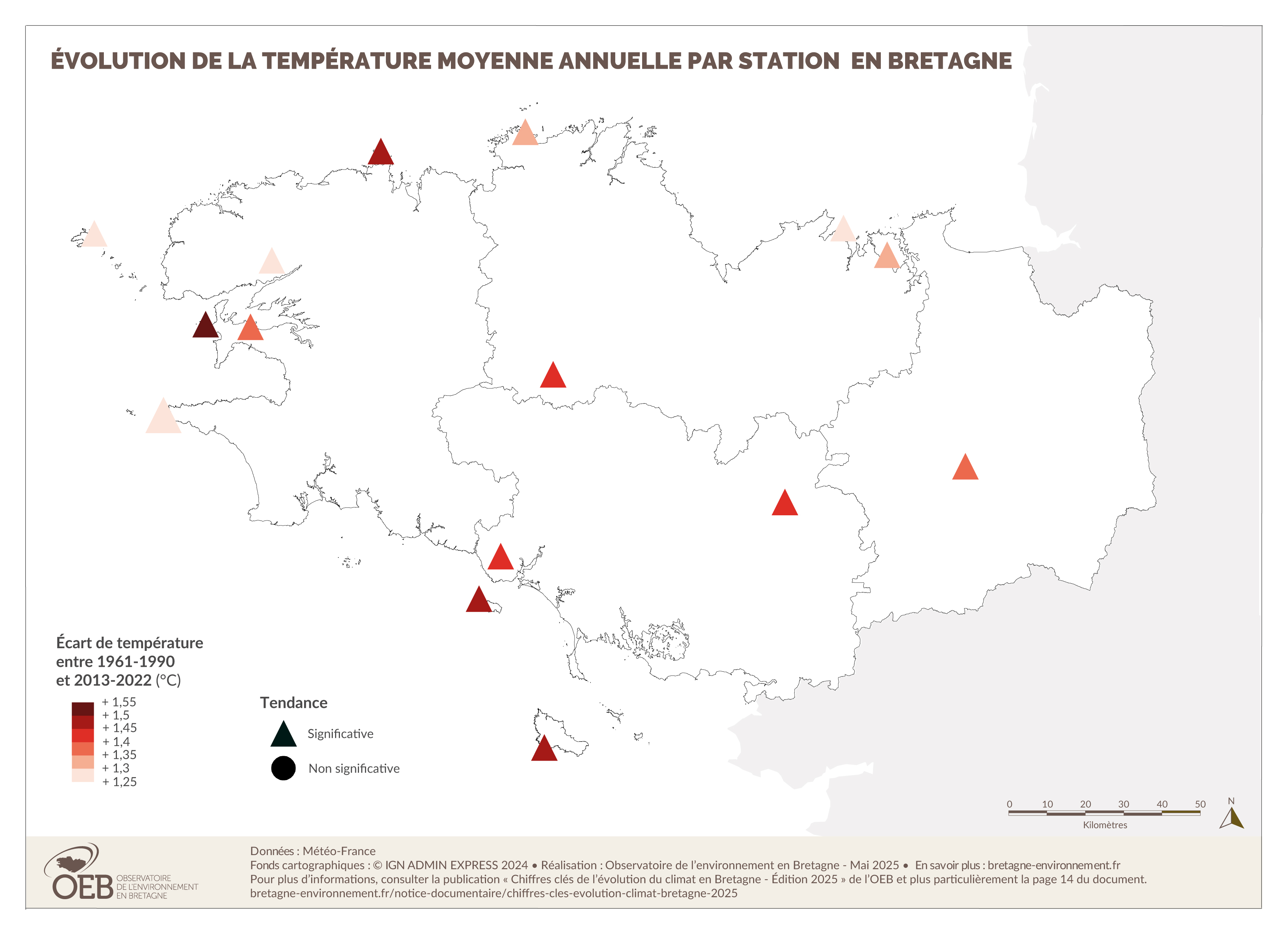 Evolution de la température moyenne annuelle par station en Bretagne, par rapport à 1961-1990