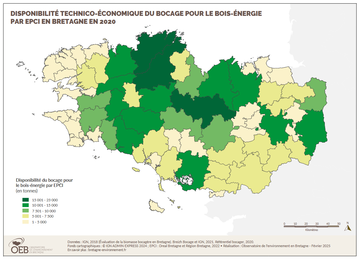 Disponibilité technico-économique du bocage pour le bois-énergie par EPCI en Bretagne en 2020