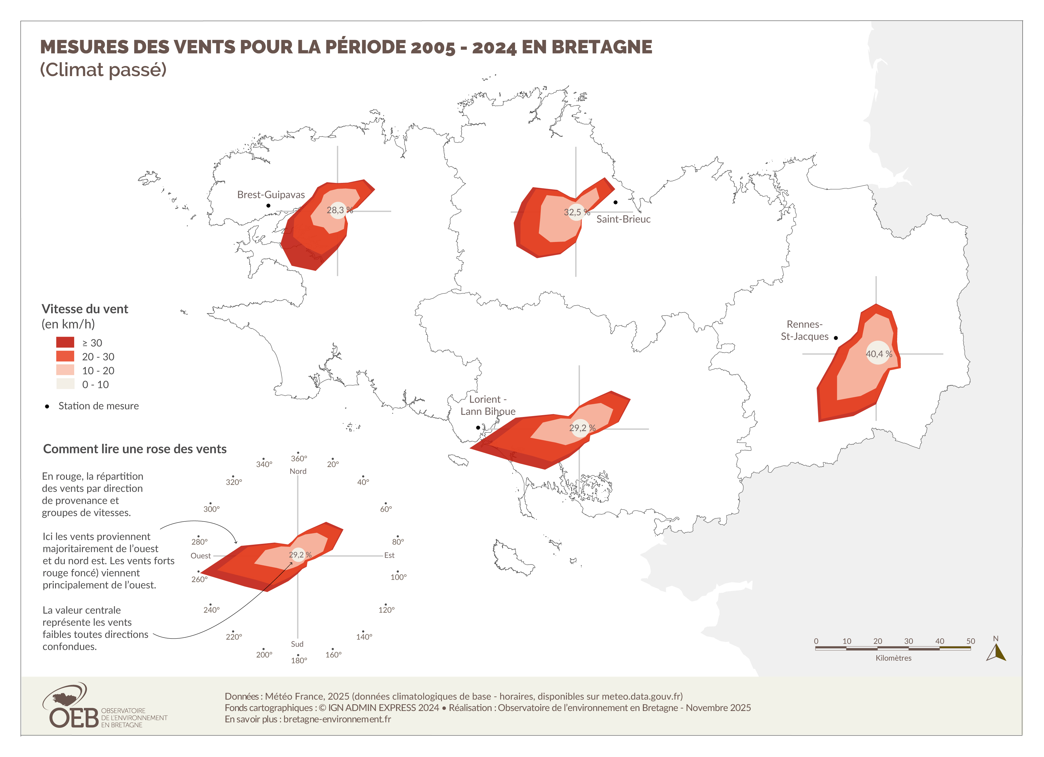 Carte de mesure des vents pour la période 2005-2024 en Bretagne