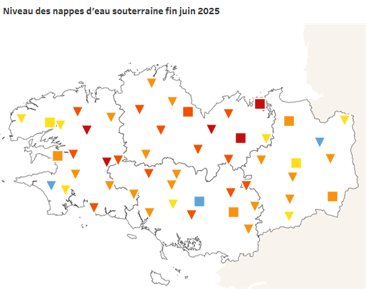 Carte des niveaux des nappes d'eau souterraine en Bretagne