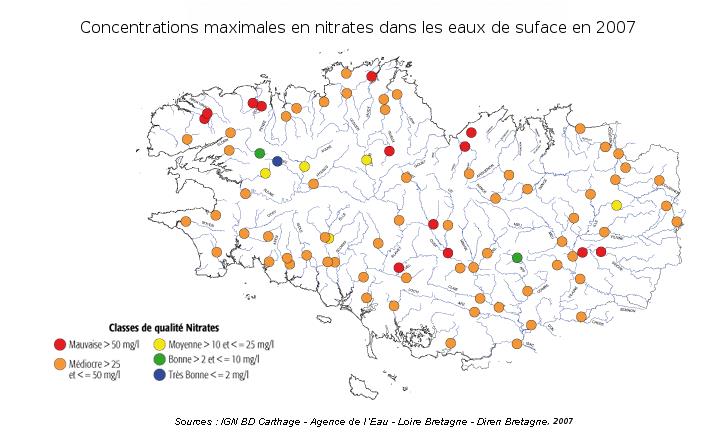 Qualité des cours d'eau bretons vis-à-vis des nitrates (Q90) dans les eaux de surface en 2007 - Réseau RCS - Bilan de l'eau Dreal Bretagne
