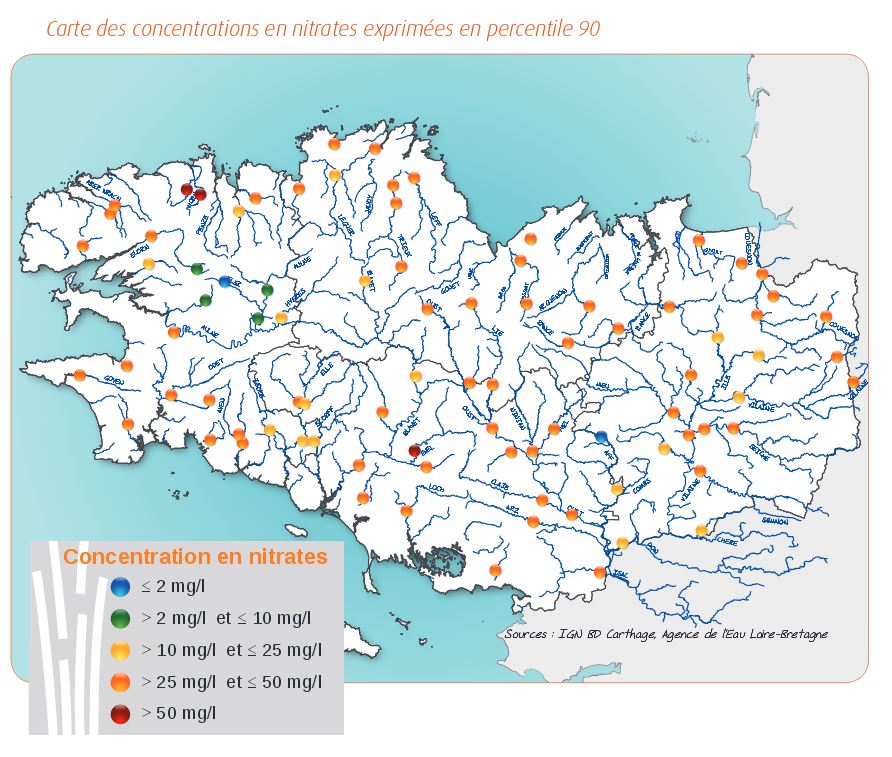 Qualité des cours d'eau bretons vis-à-vis des nitrates (Q90) dans les eaux de surface en 2014 - Réseau RCS - Bilan de l'eau Dreal Bretagne