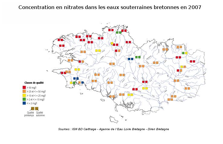 Qualité des eaux souterraines vis-à-vis des nitrates en 2007 - Réseau RCS - Bilan de l'eau Dreal Bretagne