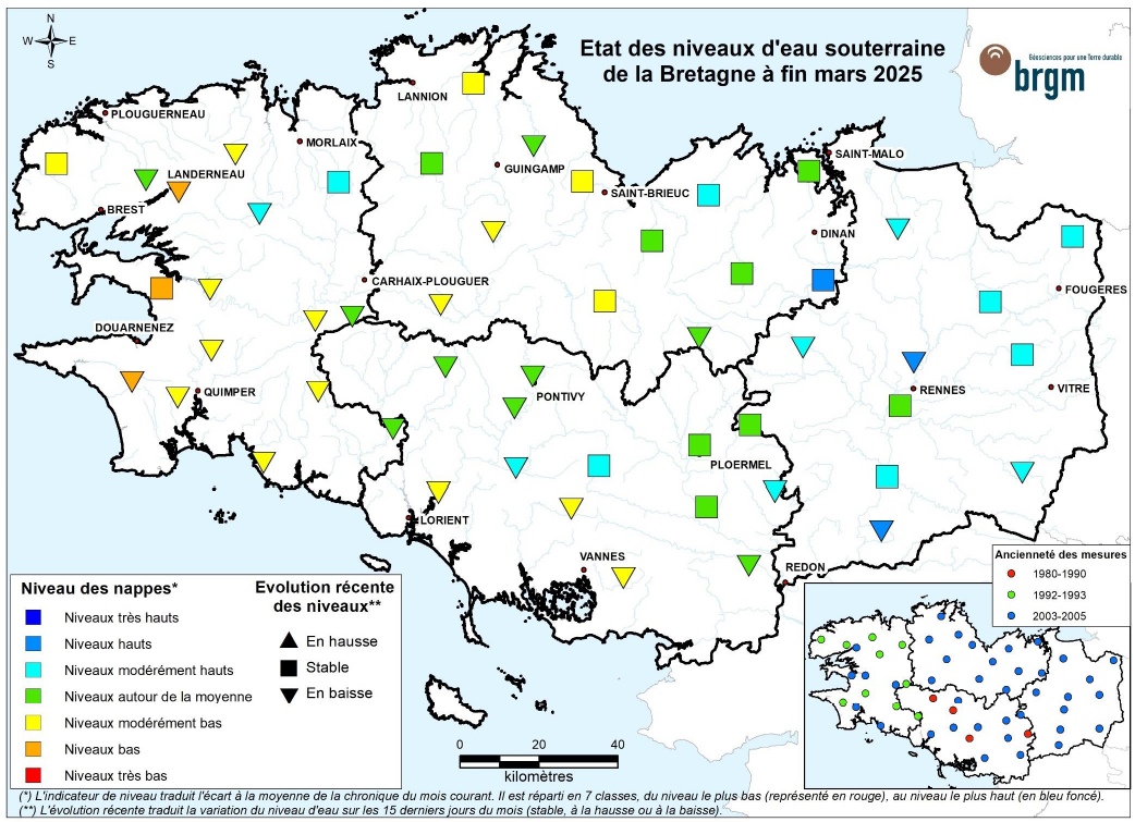 Etat des nappes d'eau souterraine de la Bretagne à fin mars 2025