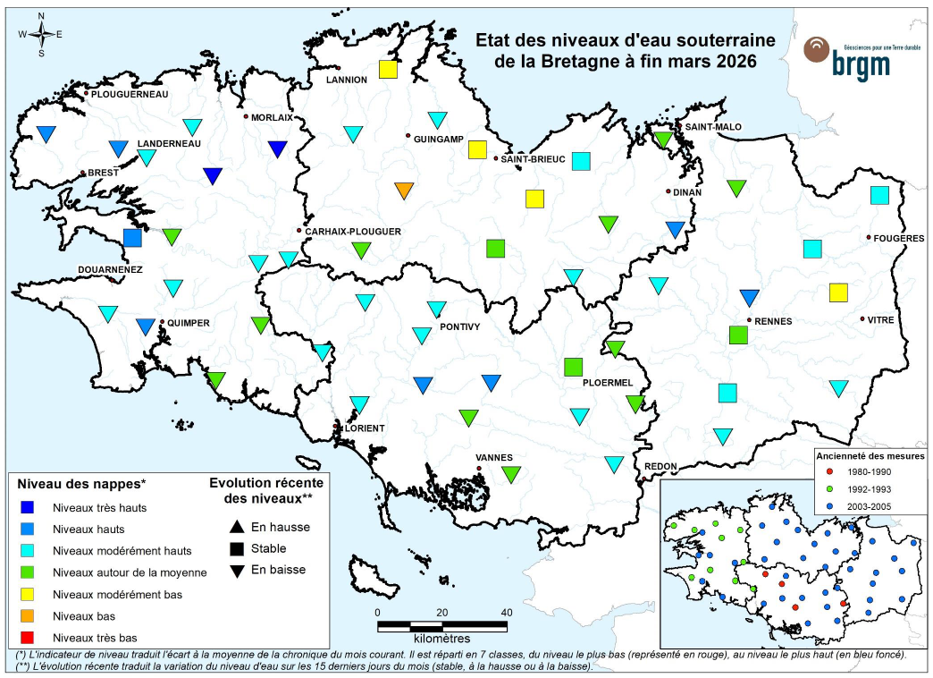 Etat des nappes d'eau souterraine de la Bretagne à fin mars 2026