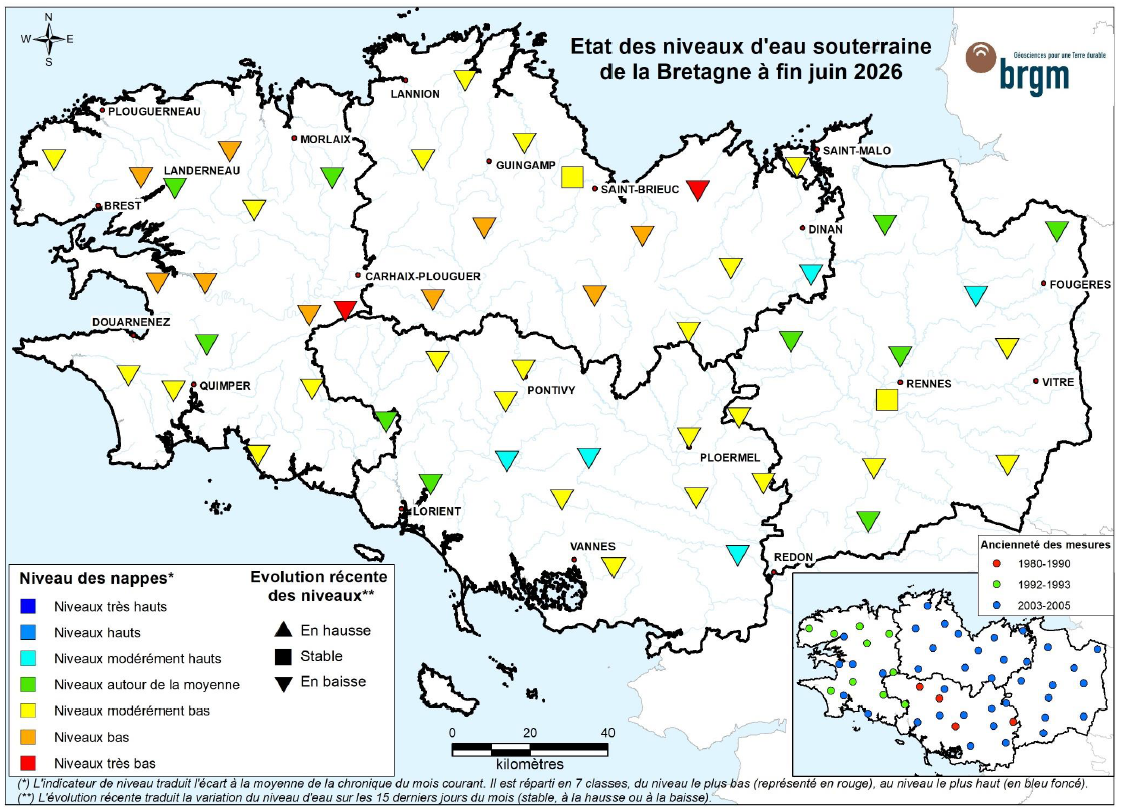 Etat des nappes d'eau souterraine de la Bretagne à fin juin 2026