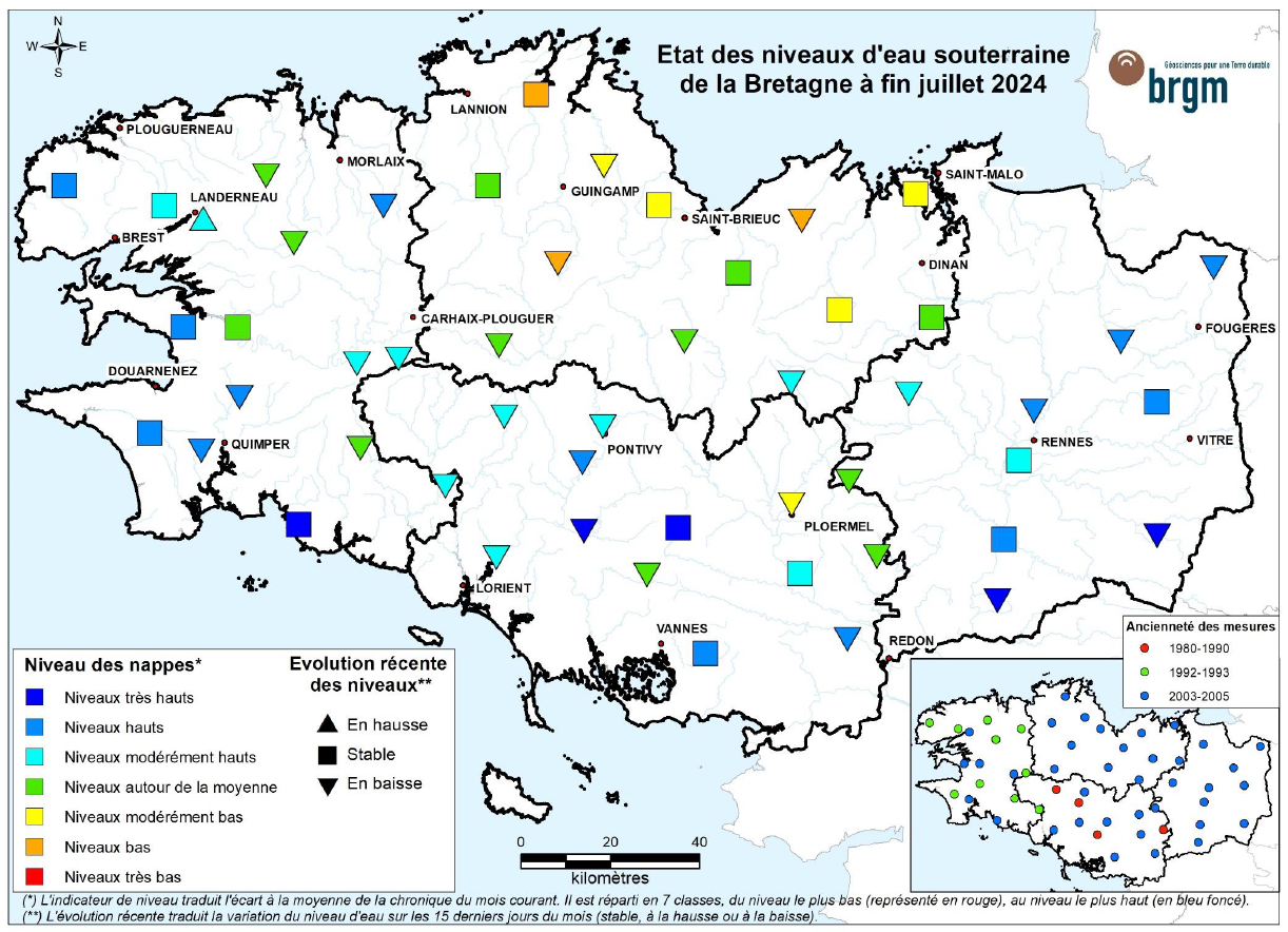 Etat des nappes d'eau souterraine de la Bretagne à fin juillet 2024