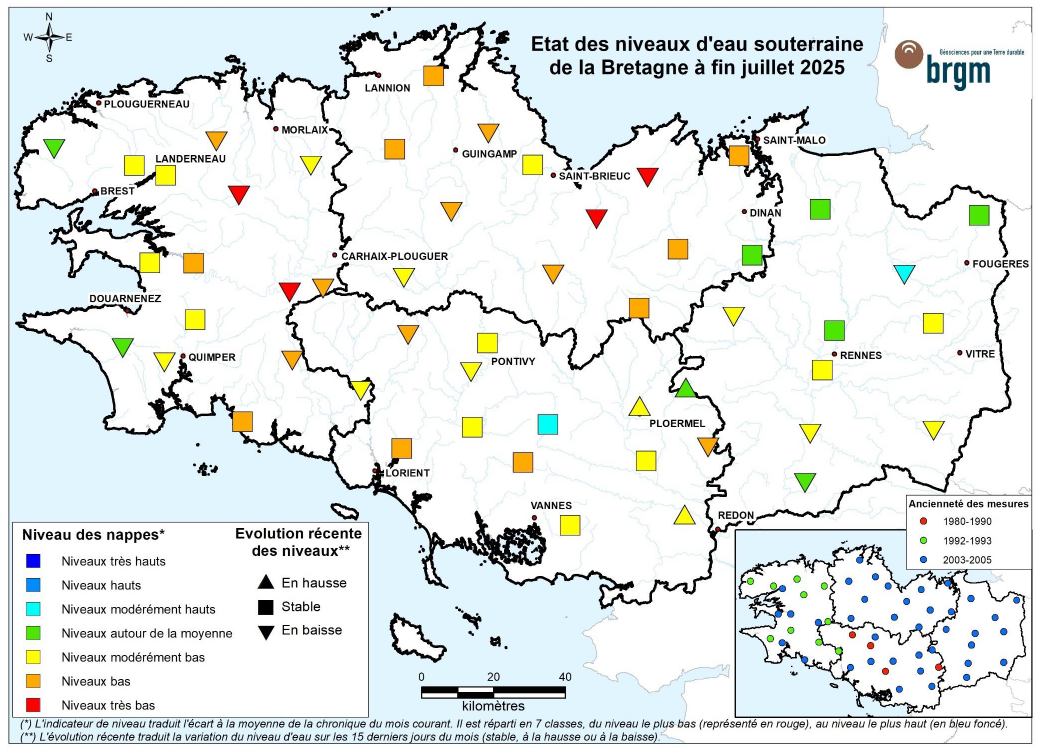 Etat des nappes d'eau souterraine de la Bretagne à fin juillet 2025