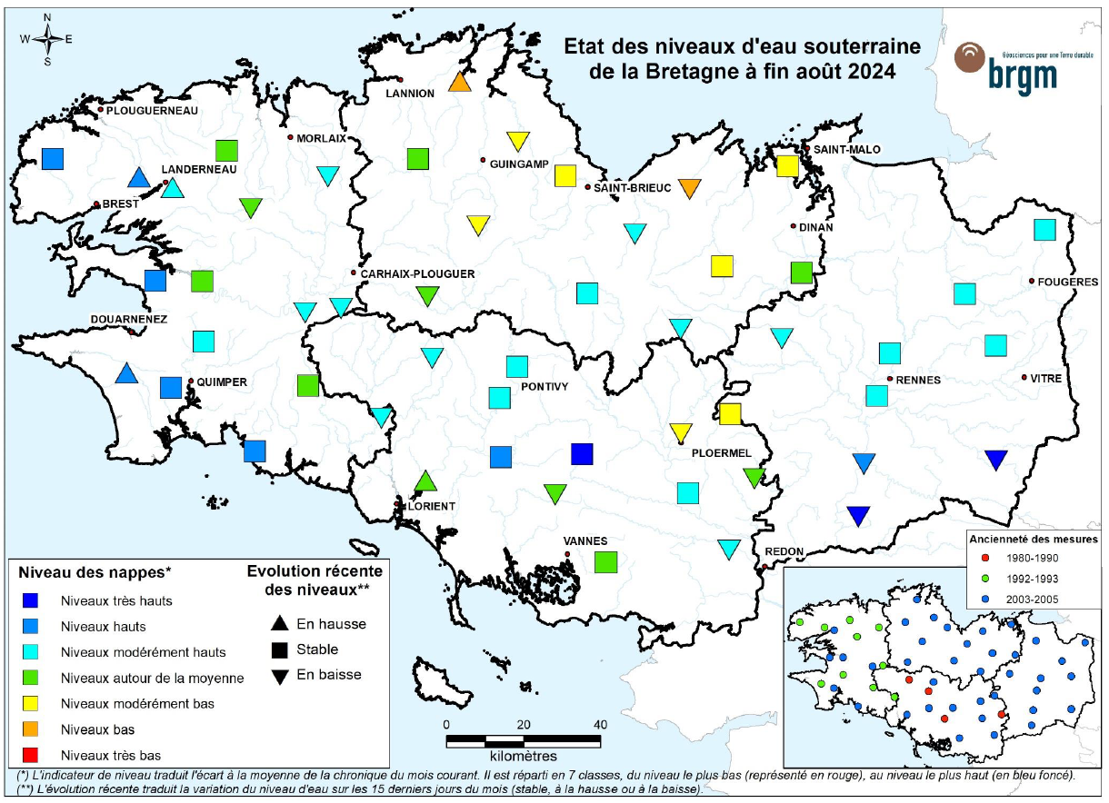 Etat des nappes d'eau souterraine de la Bretagne à fin août 2024