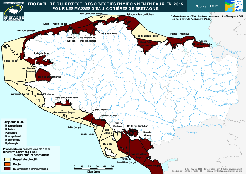 Probabilité de respect des objectifs DCE pour les masses d'eau côtières en 2015