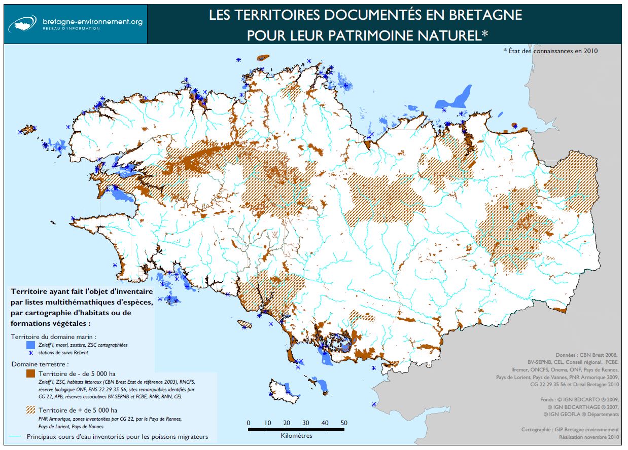 Les territoires documentés en Bretagne pour leur patrimoine naturel - Etat des connaissances en 2010