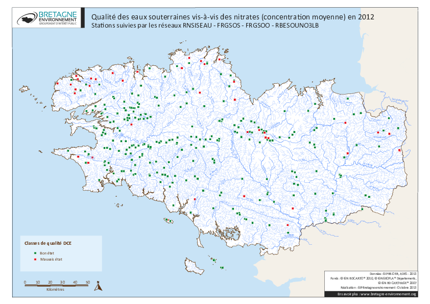 Qualité des eaux souterraines vis-à-vis des nitrates (concentration moyenne) en 2012