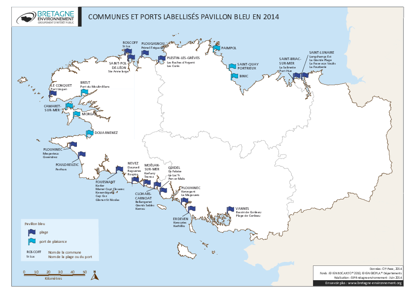 Communes et ports bretons labellisés Pavillon Bleu en 2014