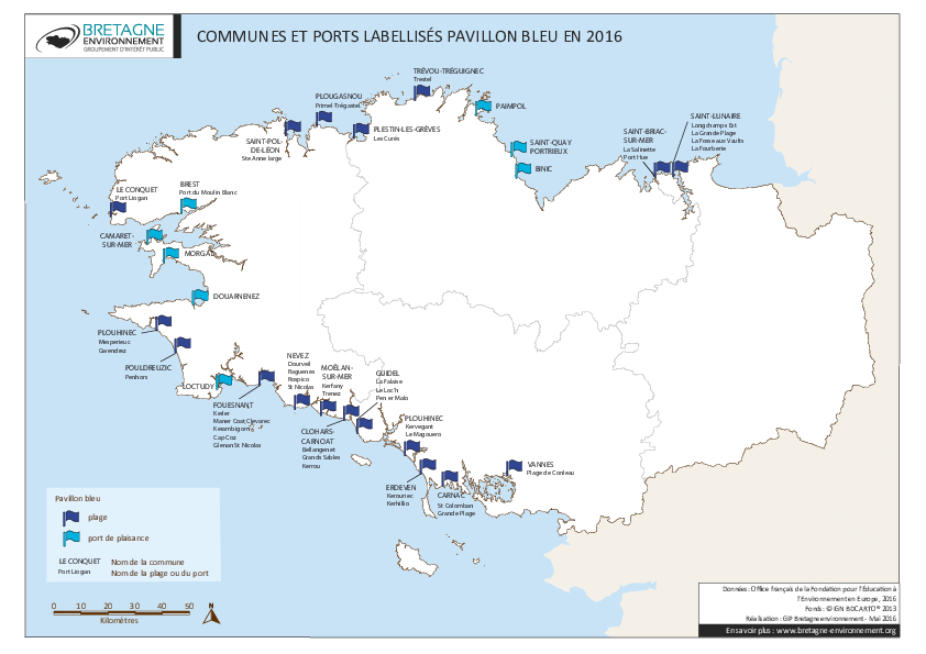 Communes et ports bretons labellisés Pavillon Bleu en 2016