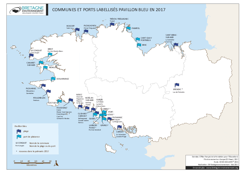 Communes et ports bretons labellisés Pavillon Bleu en 2017