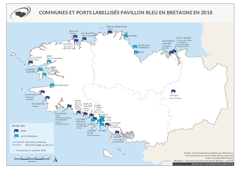 Communes et ports bretons labellisés Pavillon Bleu en 2018