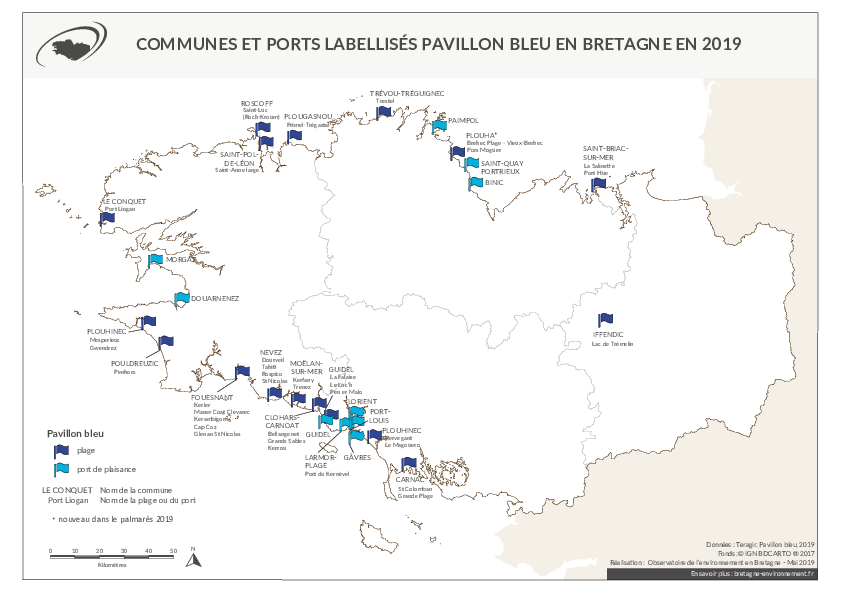 Communes et ports bretons labellisés Pavillon Bleu en 2019