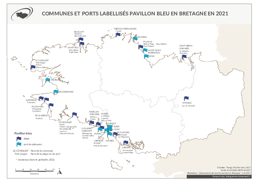 Communes et ports bretons labellisés Pavillon Bleu en 2021