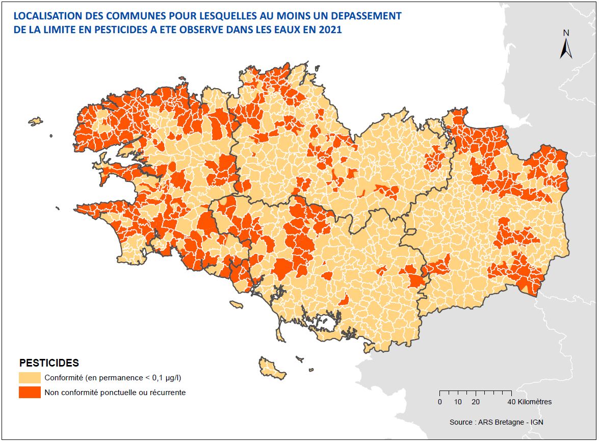 Pesticides dans les eaux distribuées bretonnes en 2021