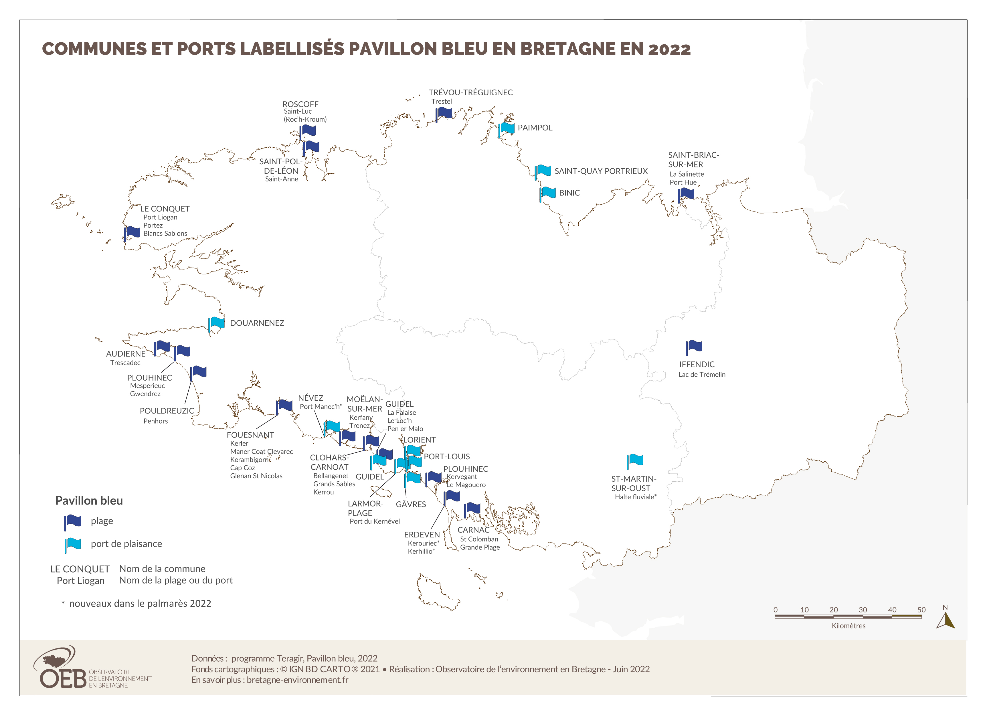Communes et ports bretons labellisés Pavillon Bleu en 2022