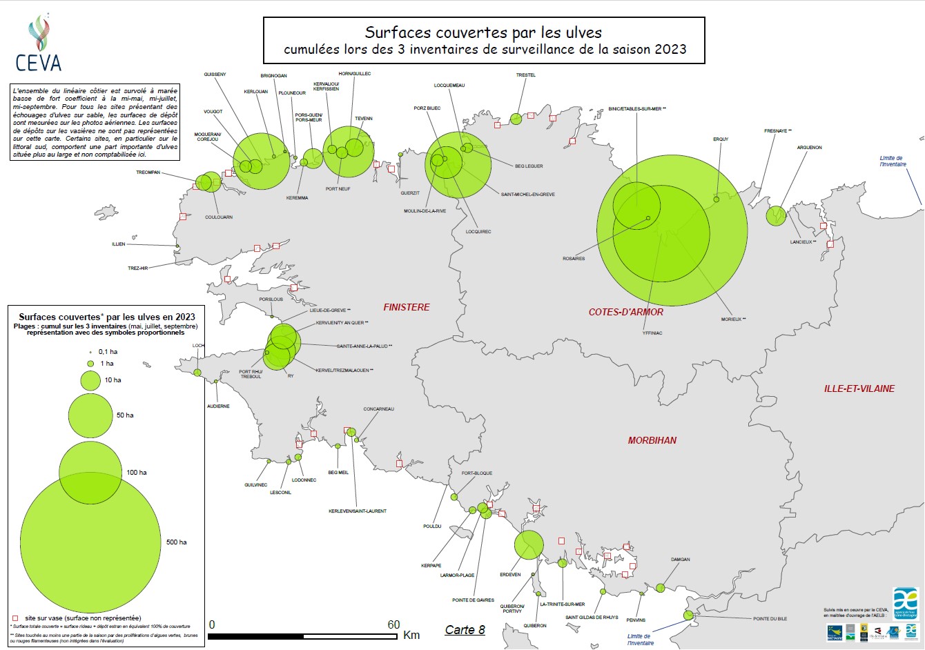 Surfaces couvertes par les ulves cumulées lors des 3 inventaires de surveillance de la saison 2017
