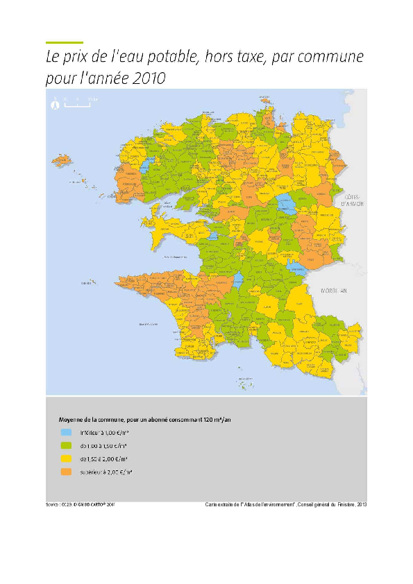 Finistère : prix de l'eau potable par commune - Situation en 2010