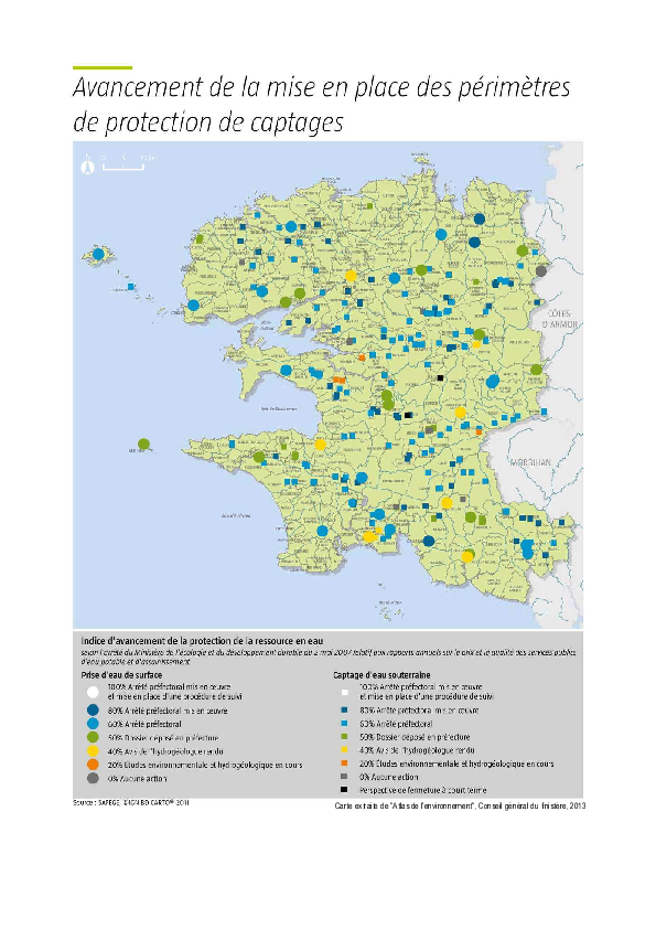 Finistère : avancement des périmètres de protection de captages - Situation en 2013