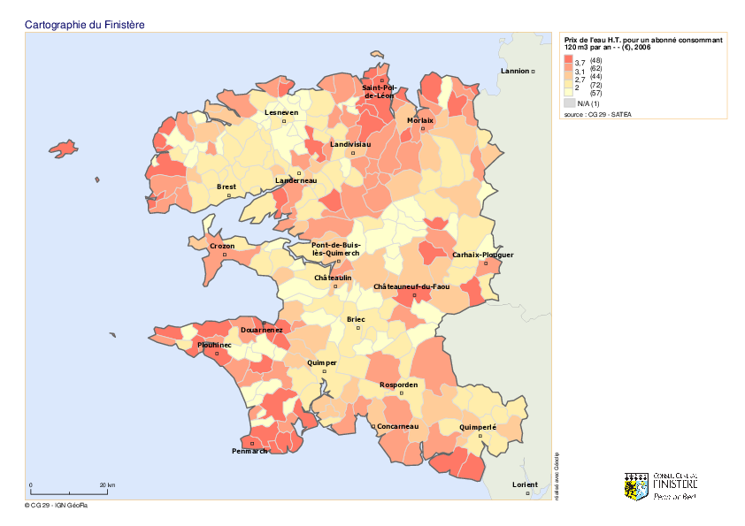 Finistère : prix de l'eau potable par commune - Situation en 2006