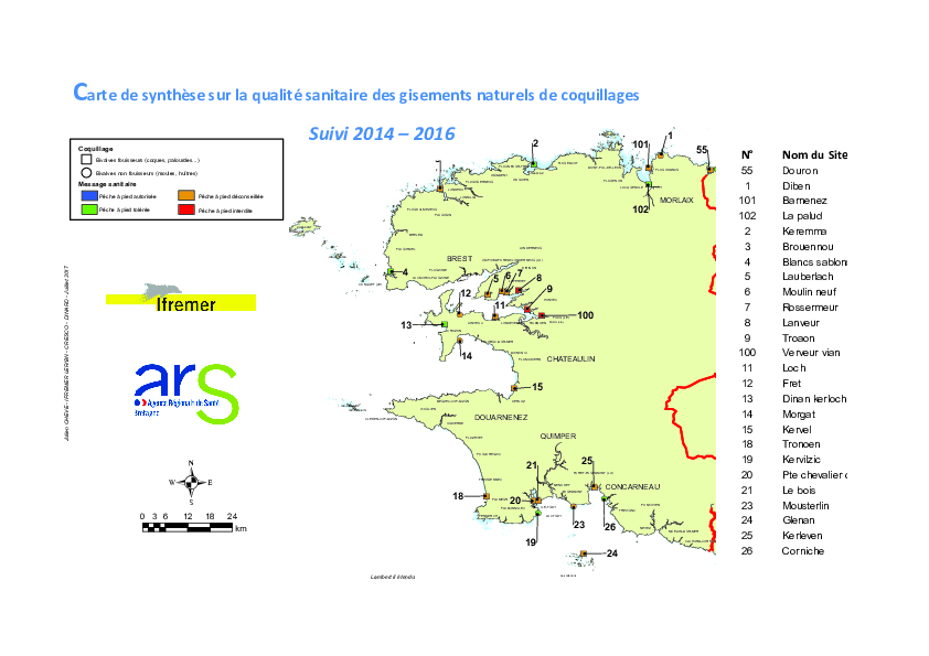 Qualité sanitaire des gisements naturels de coquillages dans le Finistère - Suivi 2014-2016