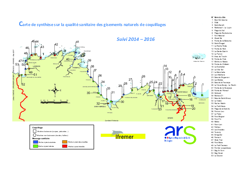 Qualité sanitaire des gisements naturels de coquillages dans les Côtes d'Amor et l'Ille et Vilaine - Suivi 2014-2016