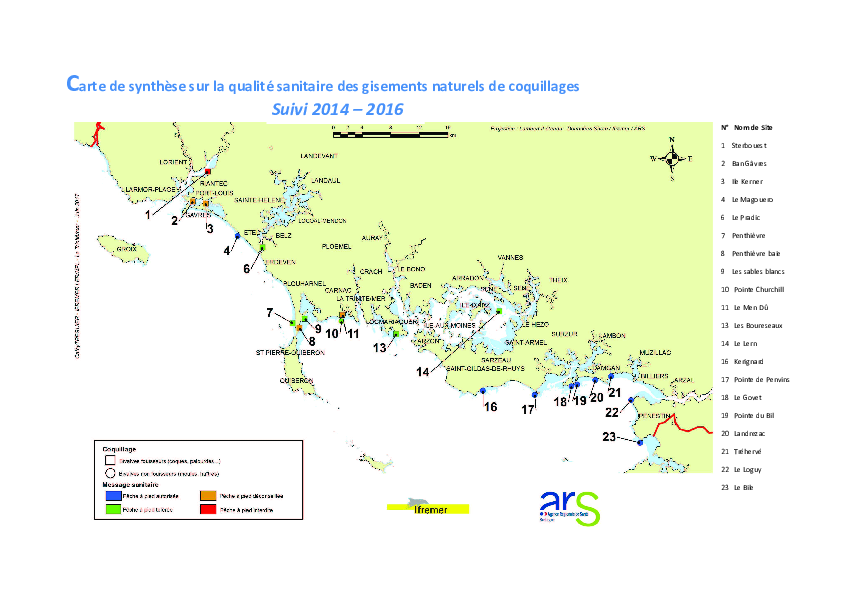 Qualité sanitaire des gisements naturels de coquillages dans le Morbihan - Suivi 2014-2016