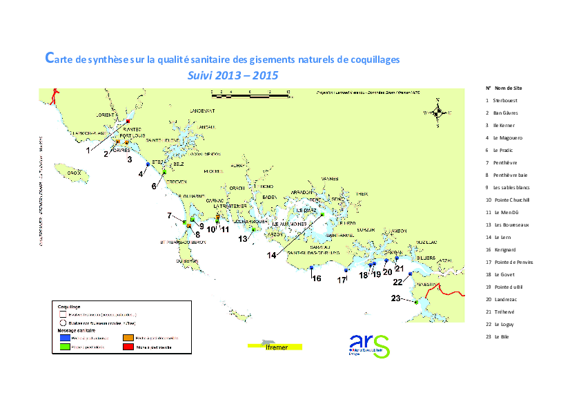 Qualité sanitaire des gisements naturels de coquillages dans le Morbihan - Suivi 2013-2015