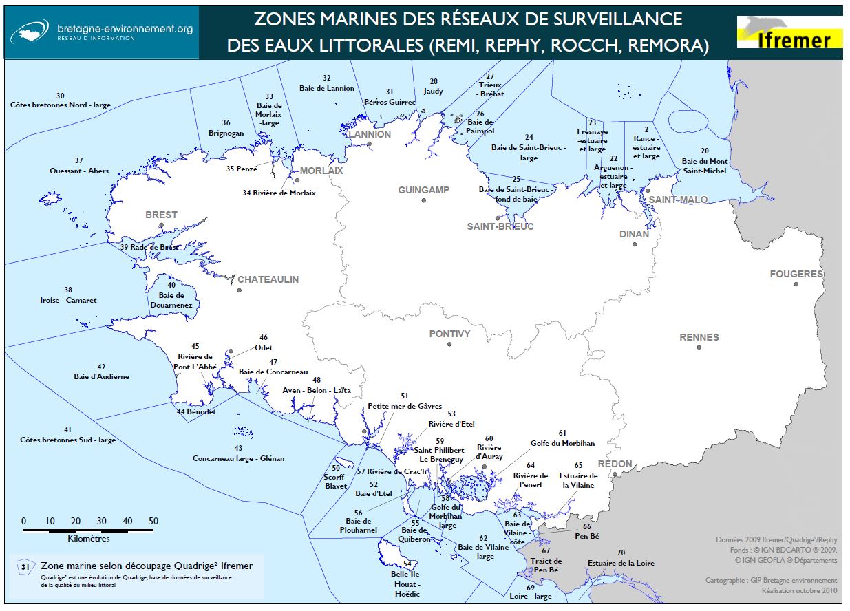 Zones marines des réseaux de surveillance des eaux littorales