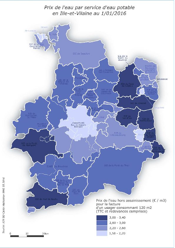 Ille-et-Vilaine : prix de l'eau par service d'eau potable - Situation en 2016