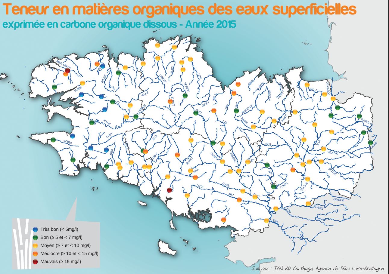 Qualité des cours d'eau bretons vis-à-vis des matières organiques dans les eaux de surface en 2010 - Réseau RCS - Bilan de l'eau Dreal Bretagne