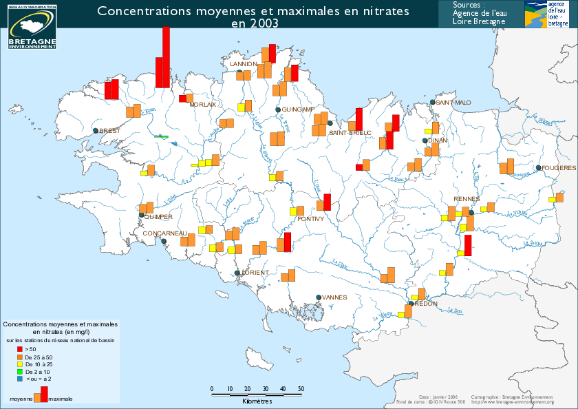 Qualité des cours d'eau bretons vis-à-vis des nitrates (Q90) dans les eaux de surface en 2003 - Réseau RCS - Bilan de l'eau Dreal Bretagne