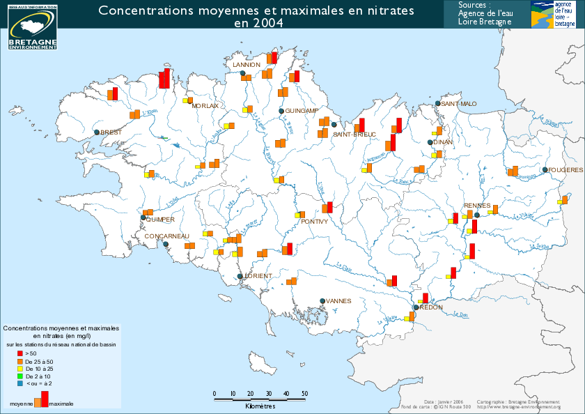 Qualité des cours d'eau bretons vis-à-vis des nitrates (Q90) dans les eaux de surface en 2004 - Réseau RCS - Bilan de l'eau Dreal Bretagne