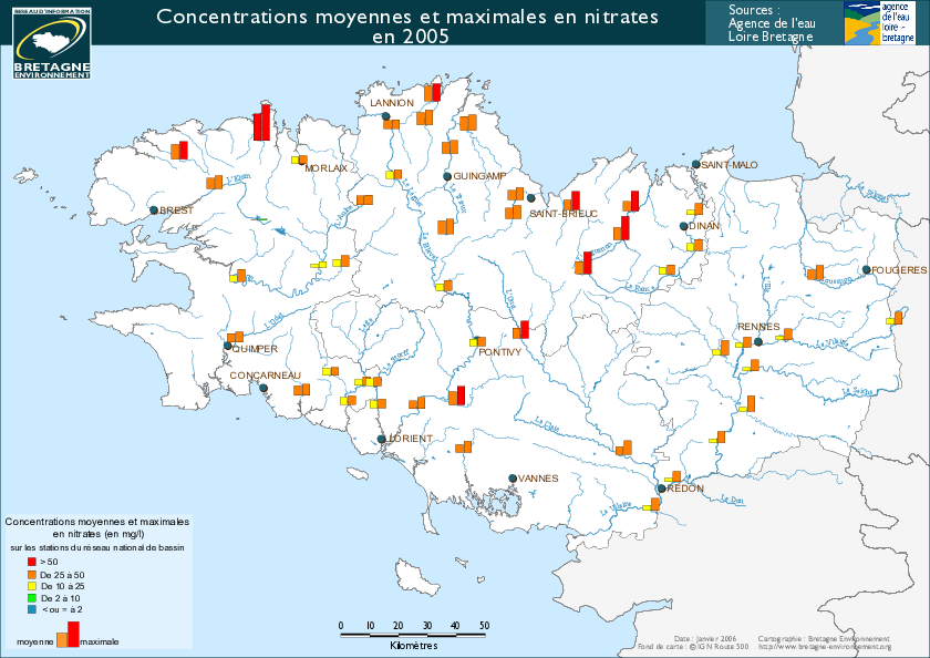 Qualité des cours d'eau bretons vis-à-vis des nitrates (Q90) dans les eaux de surface en 2005 - Réseau RCS - Bilan de l'eau Dreal Bretagne