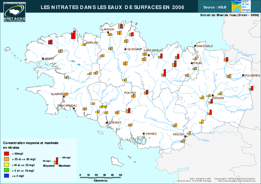 Qualité des cours d'eau bretons vis-à-vis des nitrates (Q90) dans les eaux de surface en 2006 - Réseau RCS - Bilan de l'eau Dreal Bretagne