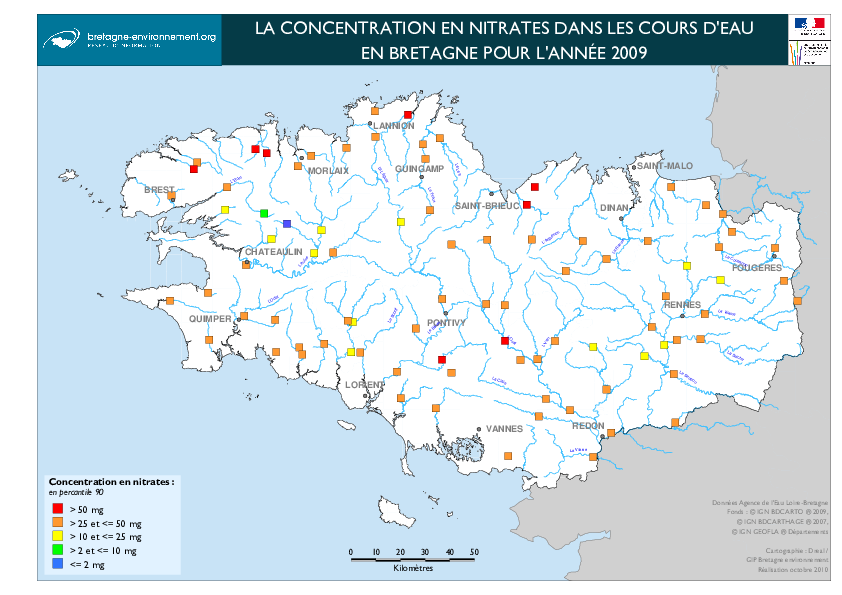 Qualité des cours d'eau bretons vis-à-vis des nitrates (Q90) dans les eaux de surface en 2009 - Réseau RCS - Bilan de l'eau Dreal Bretagne