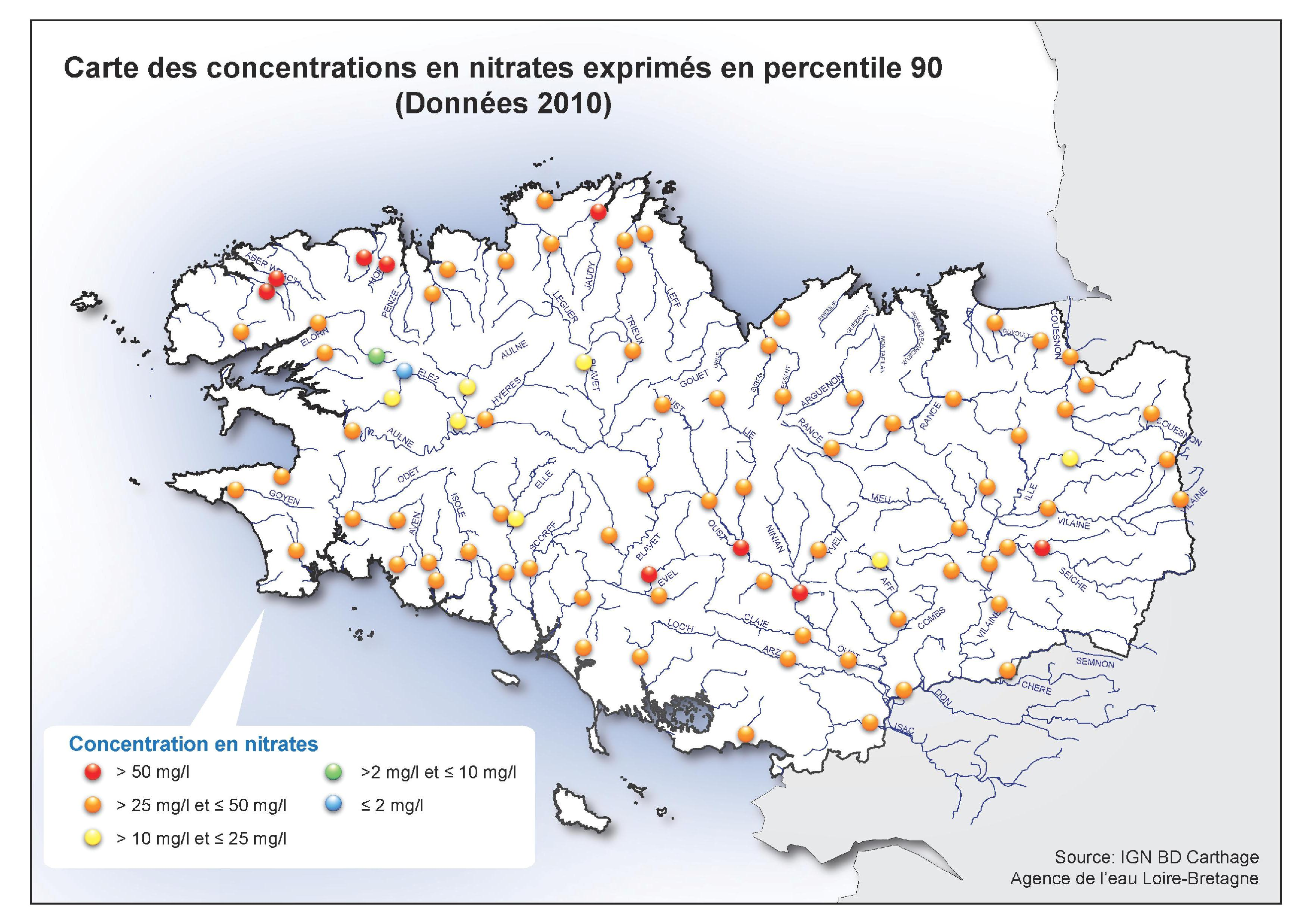Qualité des cours d'eau bretons vis-à-vis des nitrates (Q90) dans les eaux de surface en 2010 - Réseau RCS - Bilan de l'eau Dreal Bretagne