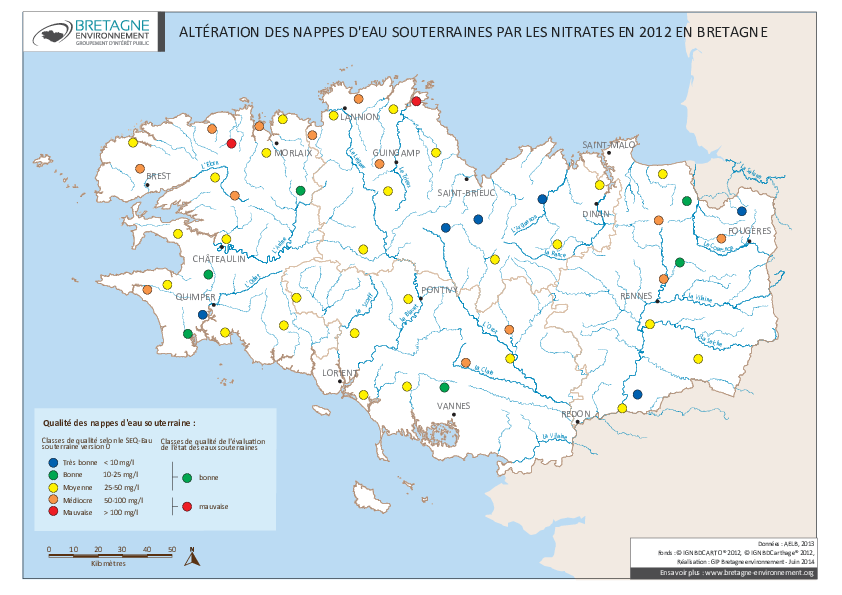Qualité des eaux souterraines vis-à-vis des nitrates en 2012 - Réseau RCS - Bilan de l'eau Dreal Bretagne