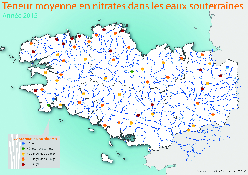Qualité des eaux souterraines vis-à-vis des nitrates en 2015 - Réseau RCS - Bilan de l'eau Dreal Bretagne