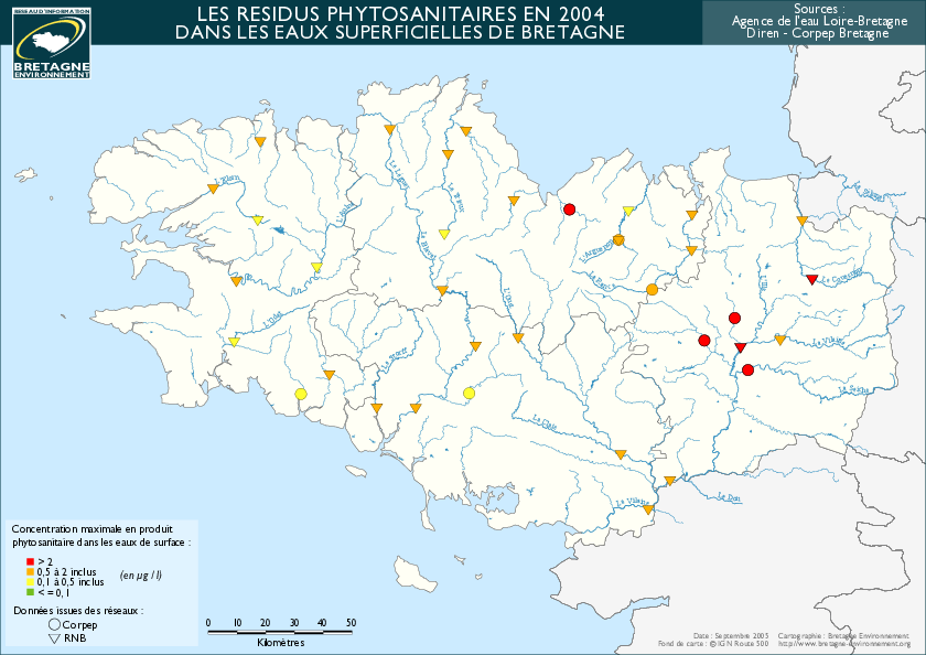 Qualité des eaux vis-à-vis des pesticides dans les eaux de surface en 2004 - Réseaux RCS et Corpep - Bilan de l'eau Dreal Bretagne